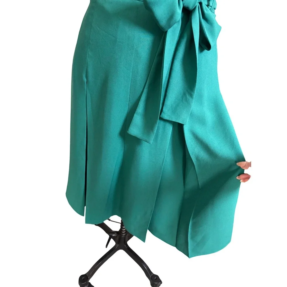 Ann Taylor Pleated Midi Skirt Womens 6 Green Excellent Tie Waist Office Wear - Picture 2 of 7